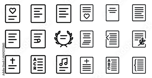 Funeral and memorial line icons set – outline, obituary, remembrance symbols