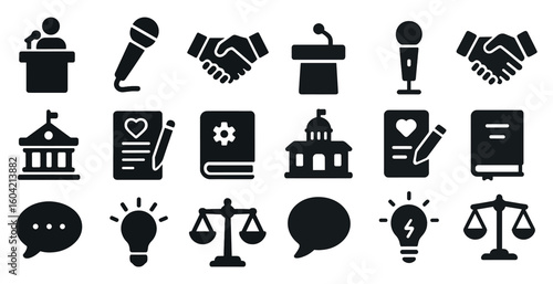 Conference and presentation solid icons set – lecture, seminar, event symbols