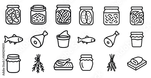 Fermented foods outline icons set – line, pickling, culinary and preserving symbols