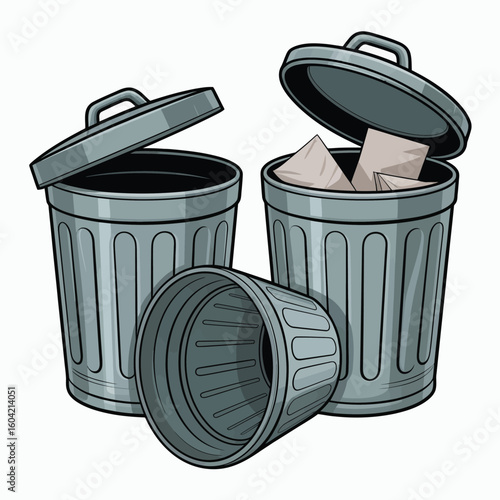 Three metal trash cans with lids open and closed