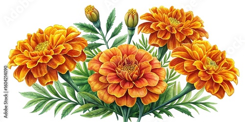 Watercolor painting of bright orange marigold flowers with green stems and leaves