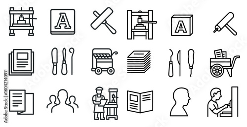 Printing technology icons set – outline, linear, printmaking and design tools