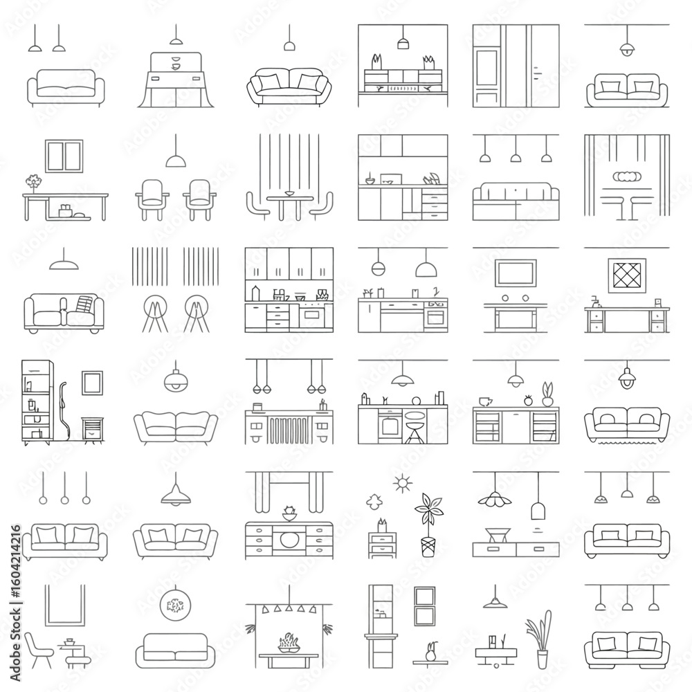 Fototapeta premium Collection of interior design floor plan sketches and elevations