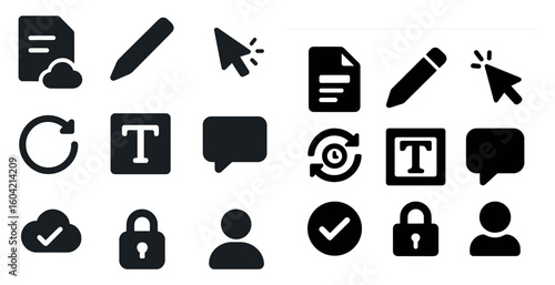 Document management solid icons set – flat, filled, cloud and security symbols