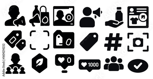 Social media solid icons set – silhouette, filled, network and engagement symbols