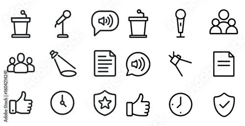 Public speaking outline icons set – seminar, presentation, communication symbols