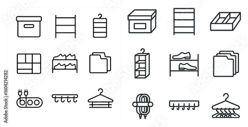 Storage and organization icons set - line, outline, home and office symbols