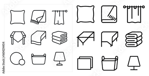 Home decor outline icons set – flat, cushions and curtains symbols