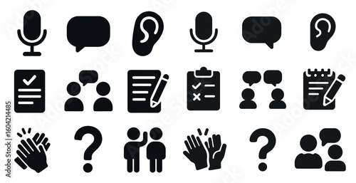Accessibility and communication solid icons set – filled, assistive, interaction symbols