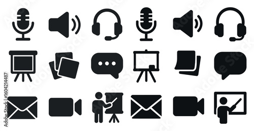 Communication and presentation solid icons set – modern, filled, multimedia symbols