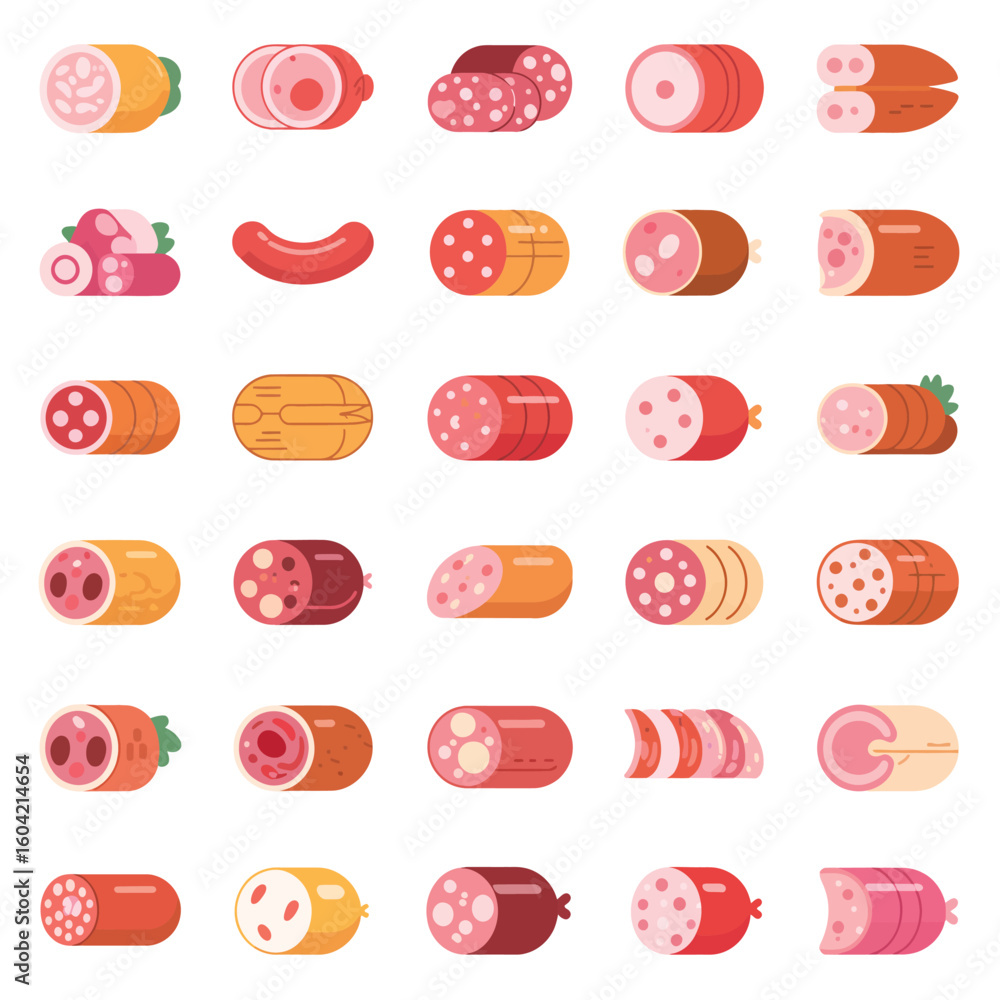 Collection of various sliced cured meats and sausages on a white background Collection of various sliced cured meats and sausages on a white background