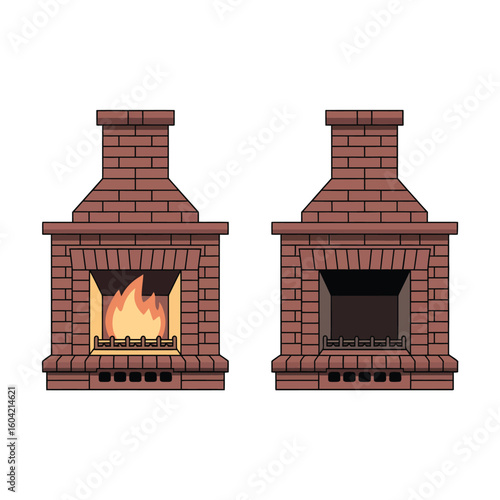 Two brick fireplaces one with a warm fire and one unlit