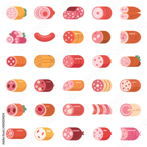 Collection of various sliced cured meats and sausages on a white background