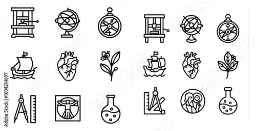 Scientific exploration icons set – line, outline, discovery, research symbols