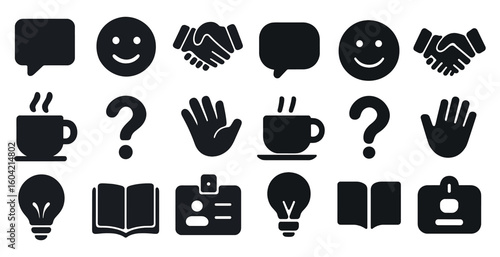 Communication and interaction solid icons set – filled, silhouette, message symbols