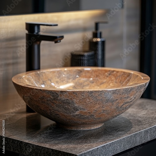Close-up of a marble stone or tempered glass oval vessel sink with a black faucet, mounted on a granite counter. Minimalist modern bathroom interior design, Generative AI