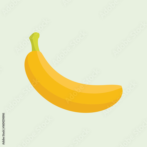 A single ripe yellow banana with a green stem against a light green background