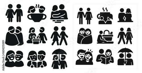 Community and relationships solid icons set – filled, silhouette, social symbols