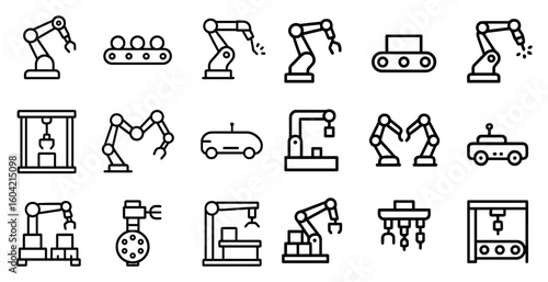 Robotics and automation line icons set – outline, linear, machinery and tech symbols