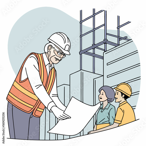 Construction Site Meeting with Architect and Workers Reviewing Blueprints Together