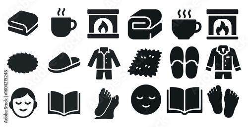 Cozy and relaxing silhouette icons set – solid, filled, leisure and comfort symbols
