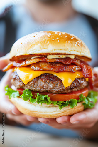 A person is holding a hamburger with bacon and cheese