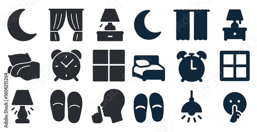 Home and bedroom solid icons set – filled, silhouette, decor and relaxation symbols
