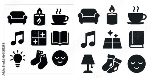 Cozy living solid icons set – filled, home comfort, warm environment symbols