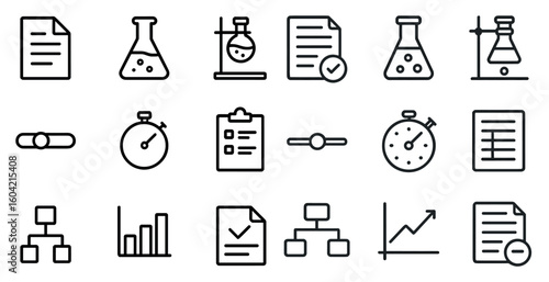 Science and education outline icons set – linear, line, study and research symbols