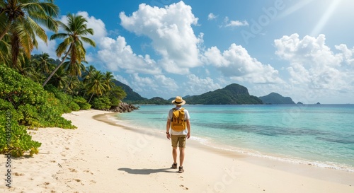 Woman with backpack walks along a tropical beach with turquoise water and palm trees