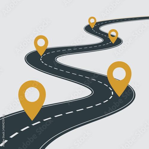 Winding road with navigation pins showing a journey or destination