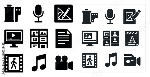 Media and technology solid icons set – flat, filled, digital and communication symbols