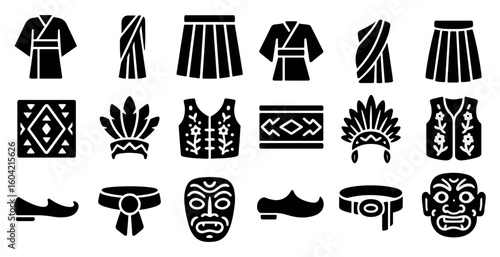 Cultural dress silhouette icons set – native, traditional, costume symbols