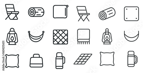 Camping and outdoor outline icons set – flat, minimalist, adventure symbols