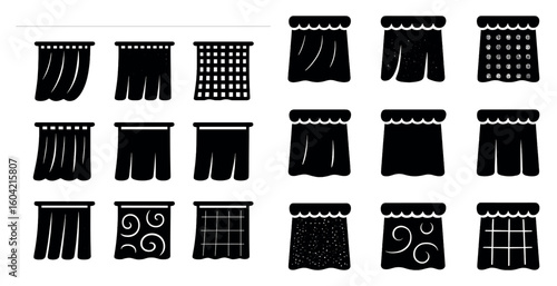 Curtain and drapery icons set – silhouette, solid, window treatment graphics