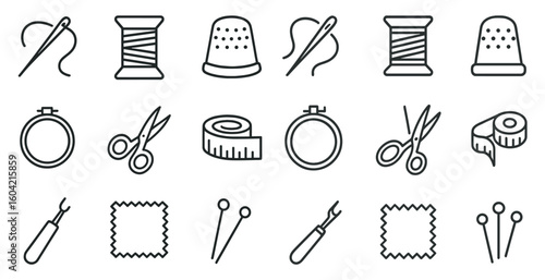 Sewing tools icons set – outline, linear, stitching and needlework symbols