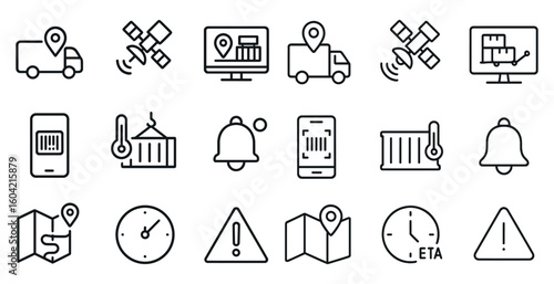 Logistics and shipping outline icons set – linear, line, delivery and tracking symbols