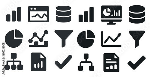 Data analytics solid icons set – filled, chart, and database symbols