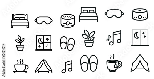 Sleep and relaxation icons set – outline, line, rest and bedtime symbols