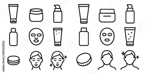 Skincare and beauty outline icons set – facial, cosmetic, self-care symbols