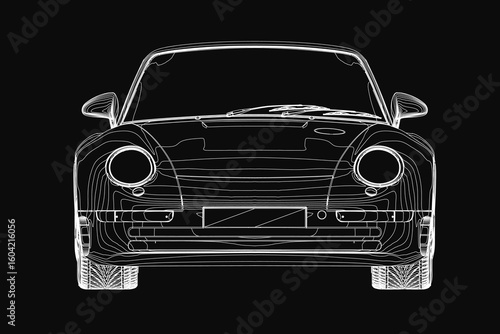 Car in black and white contour drawing, showcasing sleek lines and iconic design. The minimalist style highlights the car's silhouette against a dark background.