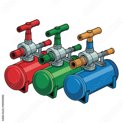 Three colorful industrial valves red green and blue on white background
