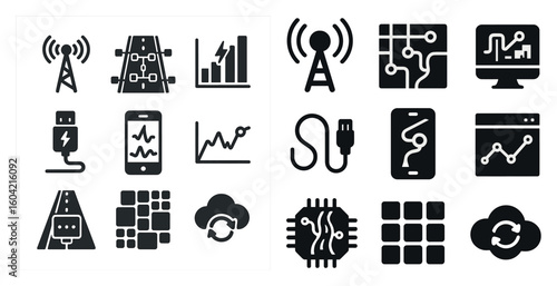 Technology and data solid icons set – filled, digital network and tech symbols