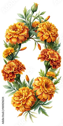 Watercolor Wreath of Vibrant Orange Marigolds with Green Leaves on White