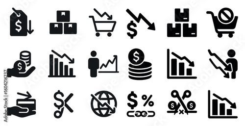 Business and finance solid icons set – economic, commerce, trade symbols