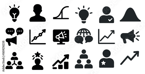 Business growth solid icons set – silhouette, marketing, success symbols