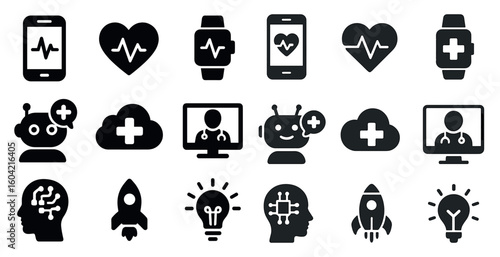 Healthcare and technology icons set – solid, digital, medical symbols