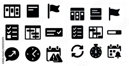 Project management flat icons set – solid, filled, business and organization tools