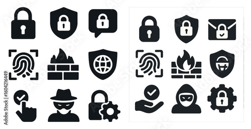 Cybersecurity security solid icons set – protection, firewall, data safety symbols