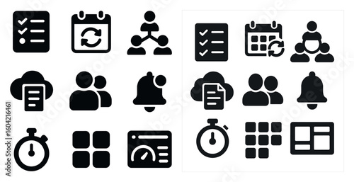 Business and productivity solid icons set – silhouette, filled, team management tools